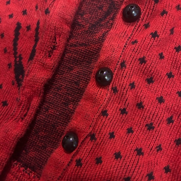 100% cotton Red Cropped Vintage Cardigan with Black Bird and Dot Print - Picture 3 of 8
